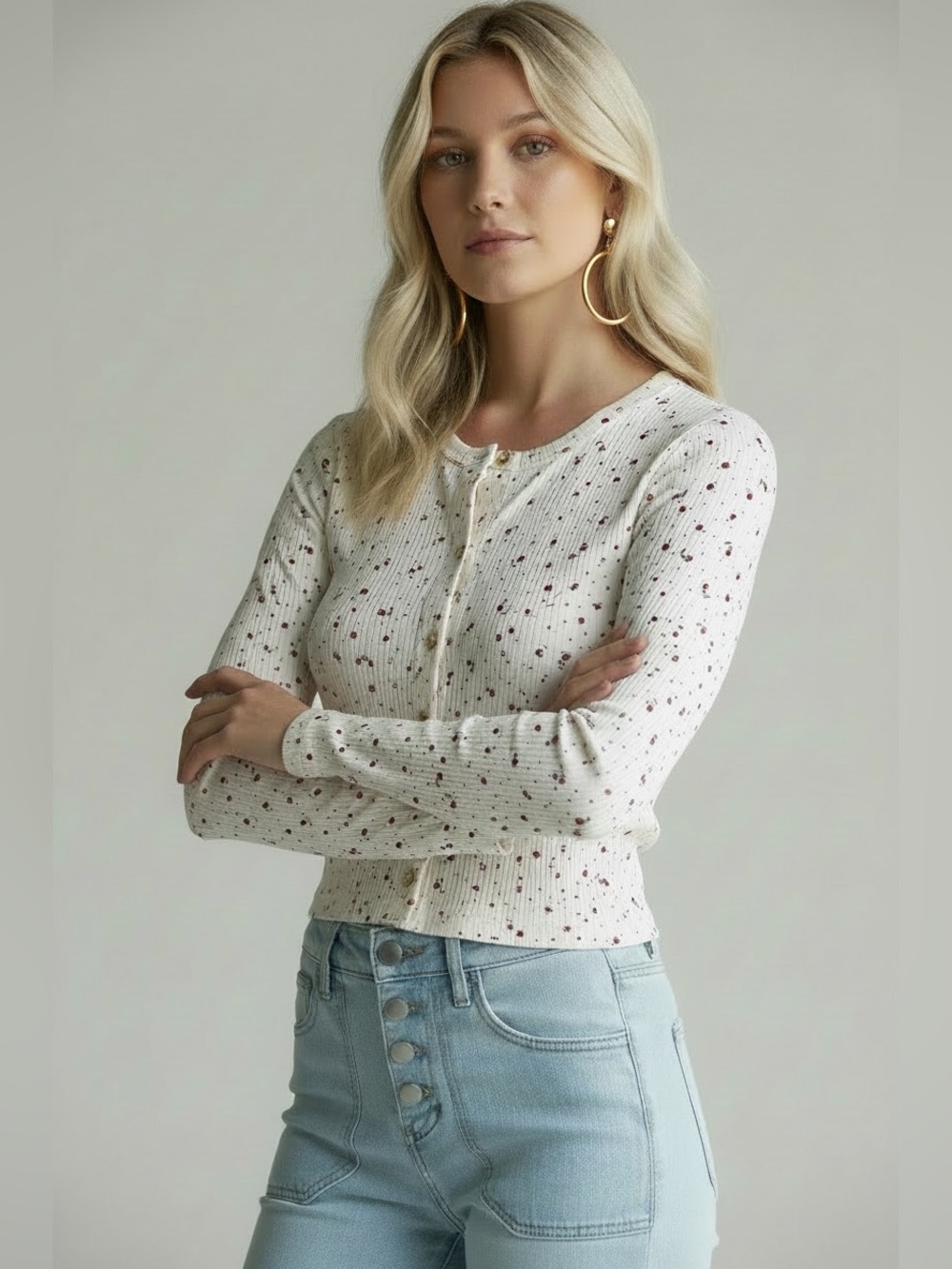 Just Polly White Button-Front Top with Red Dot Floral Print